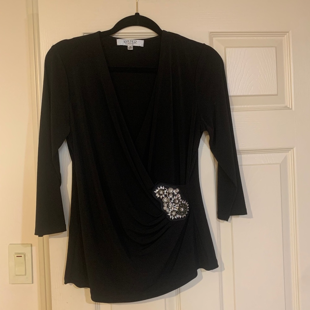 Kasper Black Embellished Criss Cross Top sz M